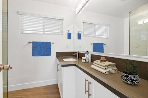 A bathroom with a white sink and a brown counter.