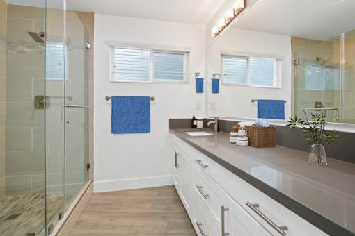 A bathroom with a walk-in shower and double sinks.
