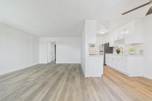 A room with a white ceiling and wooden flooring with a kitchen area in the background.