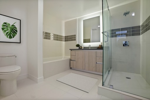a bathroom with a shower and a sink and a toilet