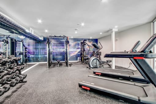 a gym with treadmills and other exercise equipment