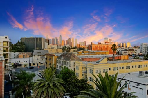 the skyline of the city at sunset