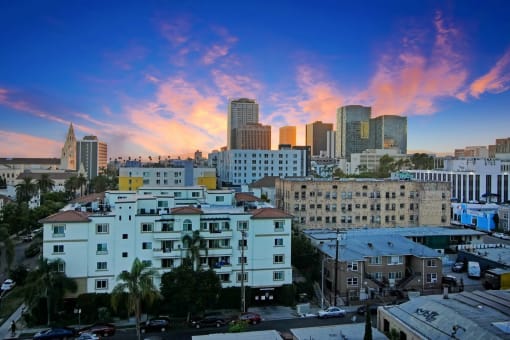 a view of the city at sunset