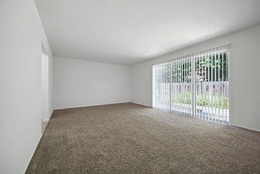 Living room in 1-bedroom at Ashton Pointe with carpeted floors and sliding glass door that opens to a private patio.