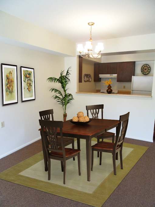 A brown wooden dining table with four chairs and a potted plant in the middle.