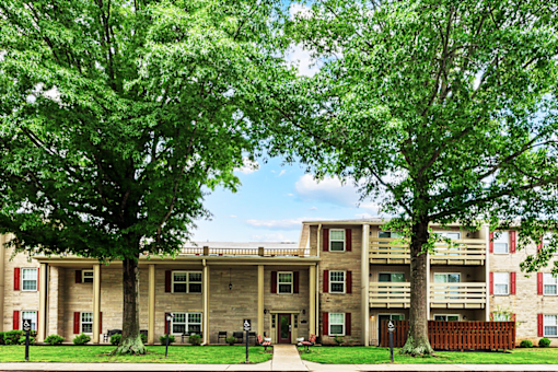 Exterior of an apartment building at Cambridge Square Apartments in Bedford, Indiana.