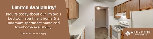 A small apartment kitchen with a note about limited availability.