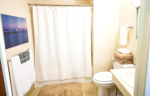 Bathroom in a one-bedroom apartment at Village Square Apartments with a toilet, sink, and a tub.