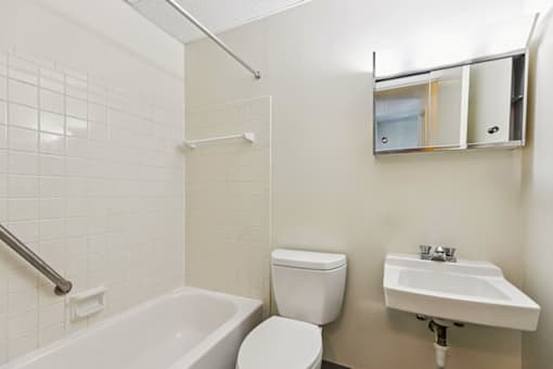 Bathroom in a one-bedroom apartment at Fowler in Lafayette, IN.