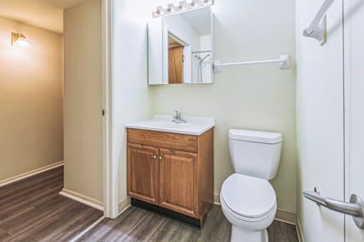 Bathroom in a one-bedroom, one-bath apartment at Cambridge Square Apartments in Bedford, Indiana.