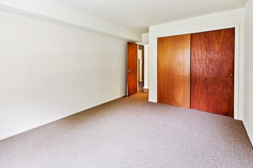 Bedroom closet in a one-bedroom, one-bath apartment at Cambridge Square Apartments in Bedford, Indiana.