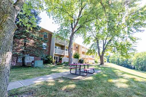 A tree stands in front of a building with a picnic table in the foreground.