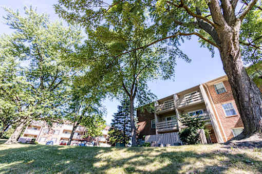 A tree is in front of a two-story apartment building.