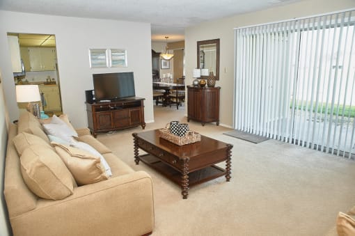 Classic Series Living Room at Somerset Lakes with Patio Access