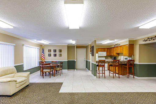 Clubhouse kitchen at Cambridge Square Apartments in Lauderdale Lakes.