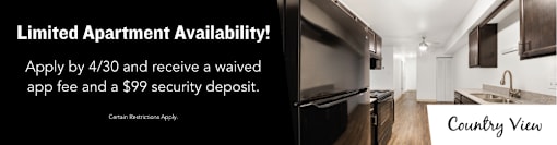 A promotional image for a limited apartment availability, offering a waived application fee and a $99 security deposit if applied by a specific date.