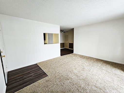 A room with a carpeted floor and a door.
