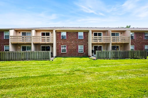 Exterior view of patios and balconies at Fairington Apartments in Clarksville, Indiana.