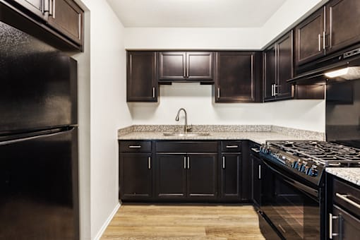 Kitchen with appliances, granite counter tops and cabinets in a 1-bedroom, 1-bath apartment at Bradford Lake Apartments.