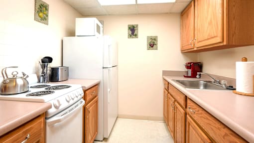 Kitchen in a one-bedroom apartment at Village Square Apartments with appliances, ample counter space, and storage cabinets.