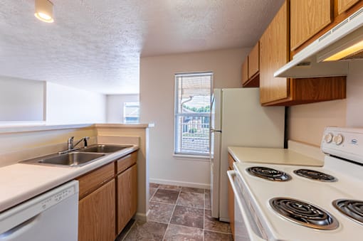 Kitchen in a two-bedroom, two-bath apartment at North Lake Apartments.