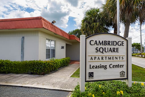 Exterior view of the leasing office at Cambridge Square Apartments in Lauderdale Lakes.