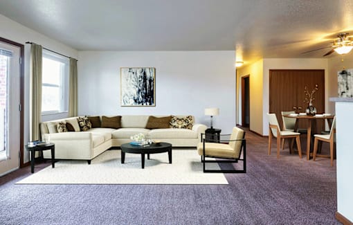Open-concept living and dining room at Copper Gate, Lafayette, IN, 47909