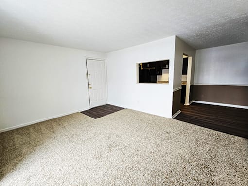 A room with a carpeted floor and a white door.