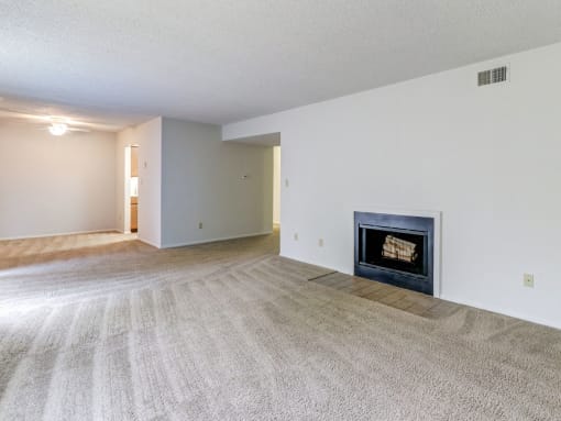 Living space at Ashley Pointe Apartments with a wood burning fireplace
