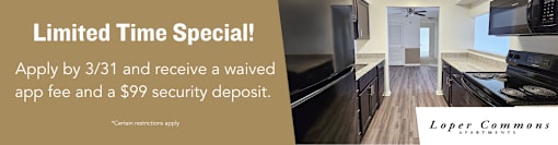 A promotional image for Loper Commons Apartments offering a limited time special.