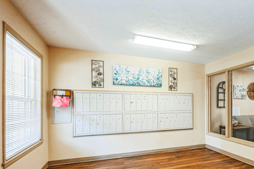 Mail room at Blairwood Apartments in Louisville, with organized mailboxes and a clean, well-lit interior.