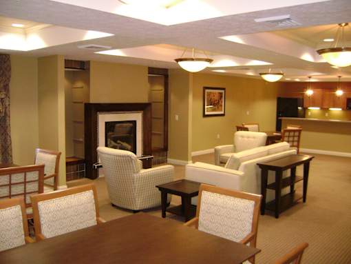 A living room with a fireplace and a dining table.