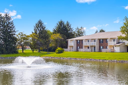 Scenic view of the pond at Fairington Apartments in Anderson, surrounded by greenery.