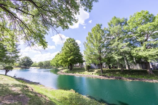 Tranquil pond with mature landscape at Woodlake Apartments