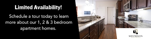 A Westhaven apartment advertisement highlighting limited availability for 1, 2, and 3 bedroom apartments.