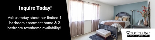 A bedroom with a bed, nightstand, and lamp is shown in an advertisement for Woodbridge Apartments.