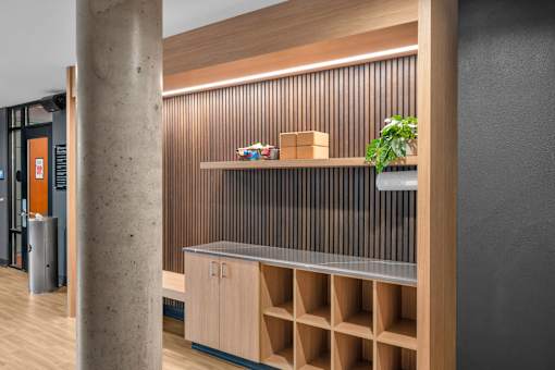 Built in shelving unit with wood slat backdrop at The Lyric Apartments, Washington