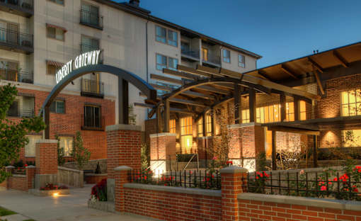 Liberty Gateway Apartments, Salt Lake City, Utah, Entrance with main building in the background.