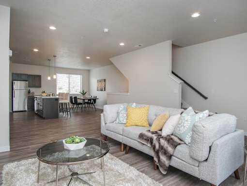 Open concept living space with modern furnishings at Liberty Point Apartments, Draper, Utah