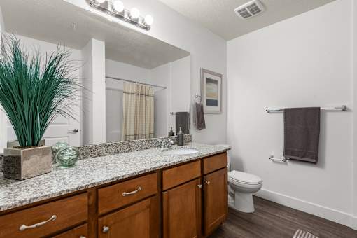 Bathroom with granite vanity and wood cabinetry at Liberty Gateway Apartments, Utah, 84101