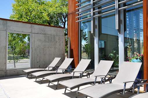 A row of sun loungers are on the patio of a modern building.