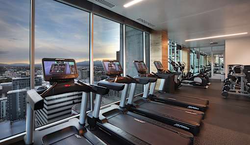 A gym with treadmills and a view of the city.