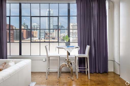 A white dining table with two chairs is in front of a window with a view of a city skyline.