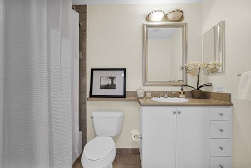 A white toilet sits next to a sink in a bathroom.
