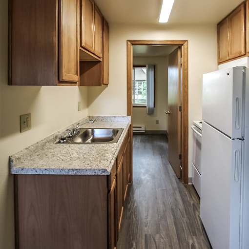 A kitchen with wooden cabinets and a marble countertop.