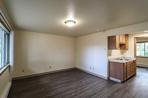 A kitchen area with a sink and cabinets is visible in the image.