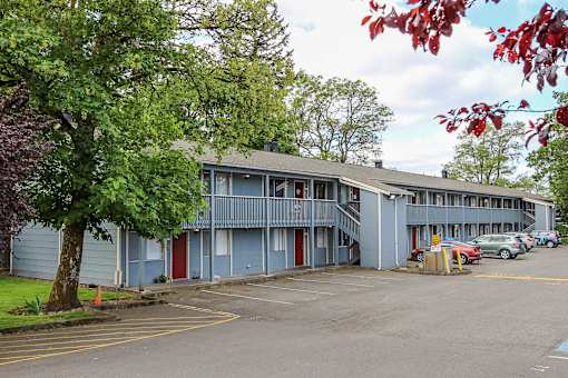A parking lot in front of a blue building with trees and leaves.