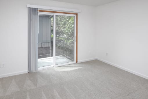 a bedroom with a sliding glass door and carpet