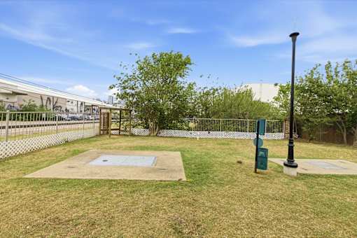 A grassy area with a pole and a tree in the background.