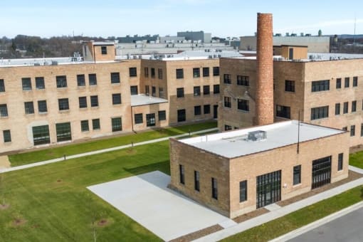an aerial view of historic Brooke Street Lofts in Fond du Lac, WI